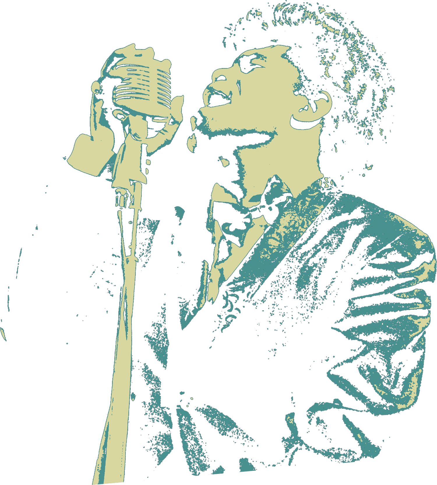 Stylized 3-color image of James Brown singing